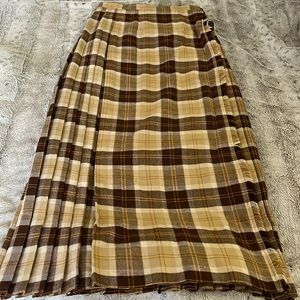 Vintage long plaid wool skirt pleated fringe leather buckles acrylic blend UK